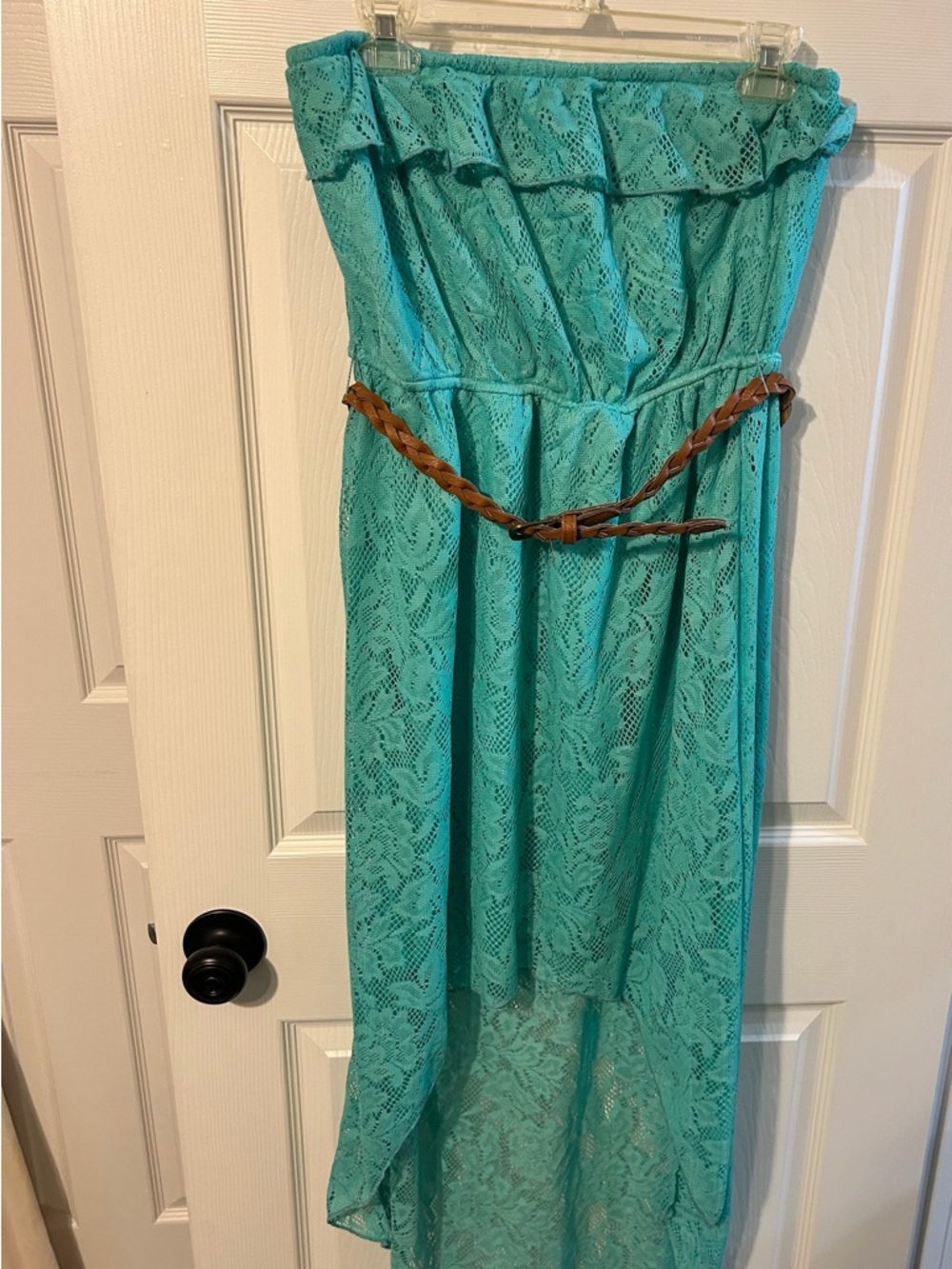 Trixxi Strapless Lace Maxi Dress in Aqua